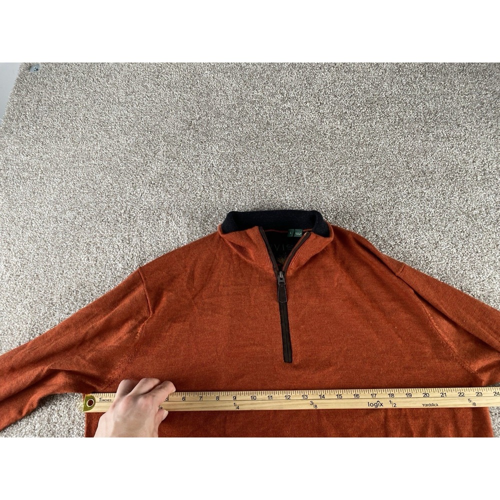 Orvis Sweater Mens Large Orange 100% Merino Wool Quarter Zip Leather Trim Preppy - Picture 5 of 8